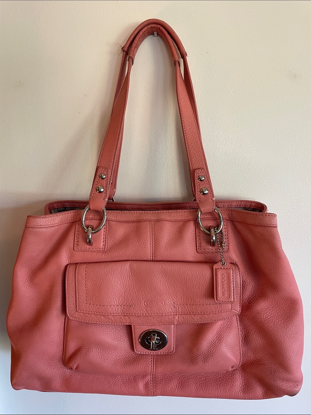 COACH Penelope Coral/Salmon Pebbled Leather Vintage Tote Bag
